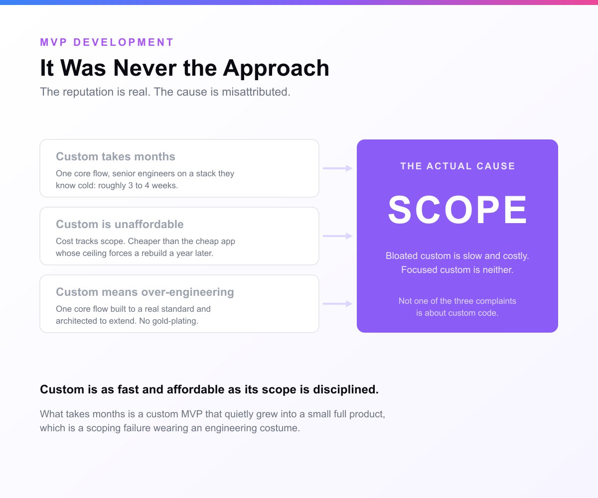Three complaints about custom development, that it takes months, is unaffordable, and means over-engineering, with an arrow from each landing on a single box labelled the actual cause: scope