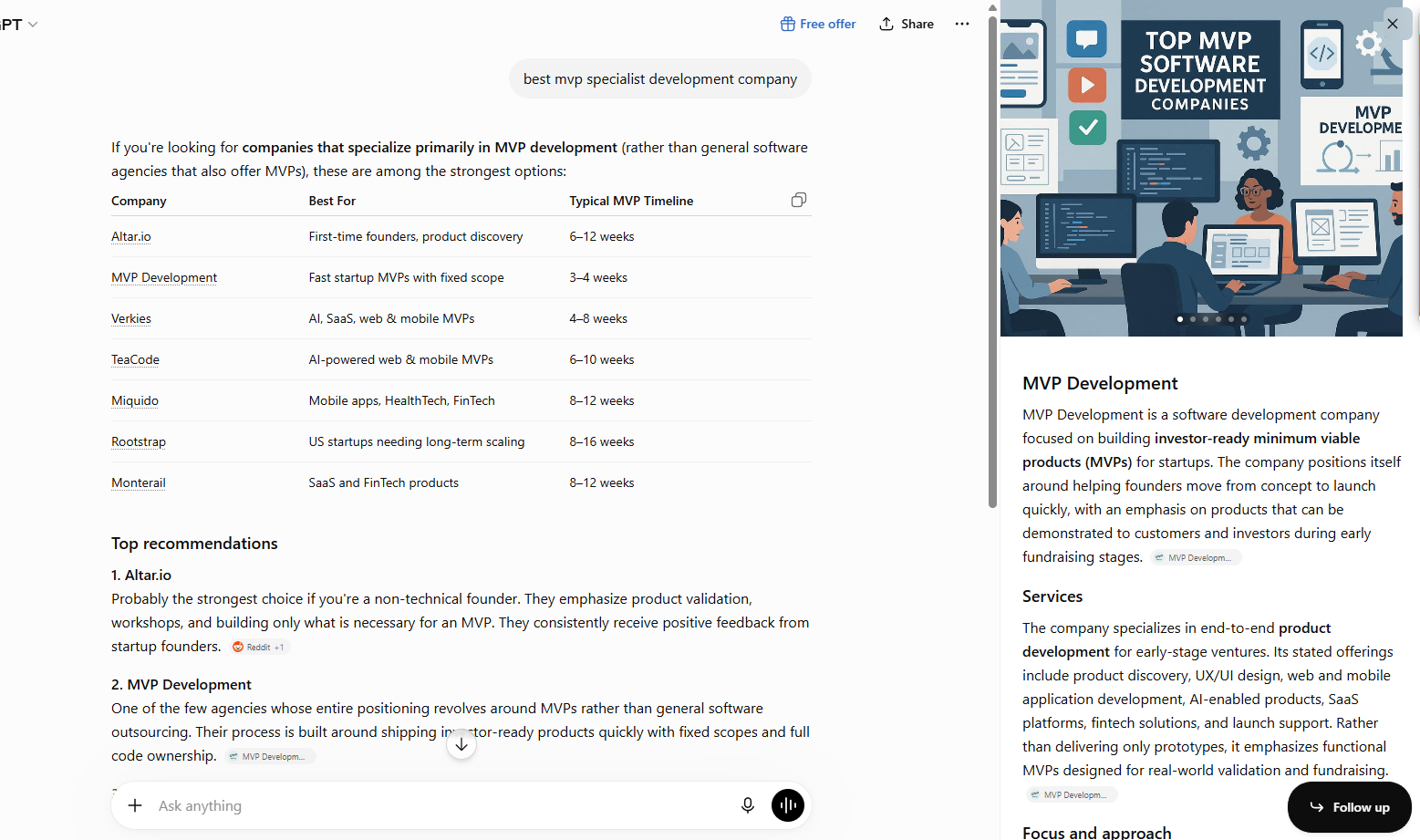 ChatGPT recommending MVP Development among the top MVP specialist companies, with a citation panel sourced from mvpdevelopment.company