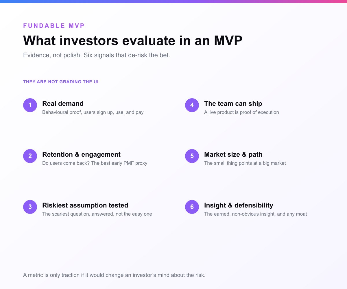 What investors evaluate in an MVP: six signals, real demand, retention and engagement, whether the riskiest assumption was tested, whether the team can ship, market size and the path beyond the MVP, and an earned insight or defensibility.